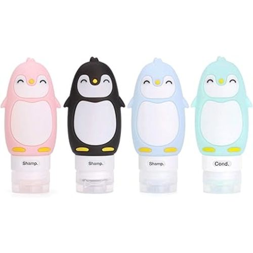 Leakproof Silicone Travel Bottles Accessories Set,3oz (90ml) 4 Pack Refillable Cute Penguin Travel Containers for Shampoo,Lotion Sunscreen ect. - TSA Approved & BPA Free