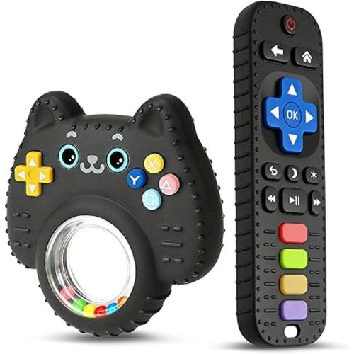 2 Pack Baby Teething Toys for Babies 3-6 6-12 12-18 Months, BPA-Free Silicone Remote Control Rattle Teether Toys, Baby Chew Toys for Teething Relief & Sucking Needs