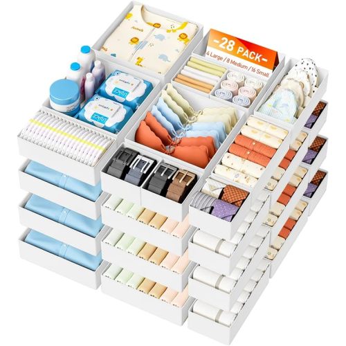 DIMJ Drawer Organizer Clothes 28 Pack - Foldable Baby Organizers and Storage & Closet Organizers for Bedroom, Closet - Nursery Organization Dresser Dividers for underwear, Sock,Bra, Belt, Tie,Beige