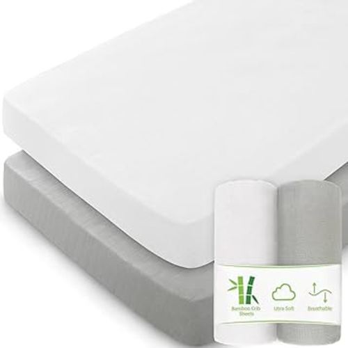 Muslin Crib Sheets for Boys and Girls 2 Pack, Ultra Soft Muslin Fitted Baby Crib Sheet for Standard Crib Mattress & Toddler Bed Mattress, Grey & White