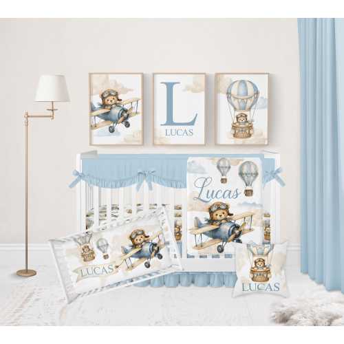 Airplane Crib Bedding Set, Hot Air Balloon Baby Boy Bedding, Travel Baby Bedding, Aviation Teddy Bear Baby Blanket, Adventure Nursery Decor