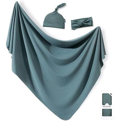 GRSSDER Newborn Swaddle Blanket, Ultra Soft Jersey Receiving Blanket with Matching Headband and Beanie Set 33×44", Stretchy Baby Neutral Swaddle Wrap for Girls and Boys