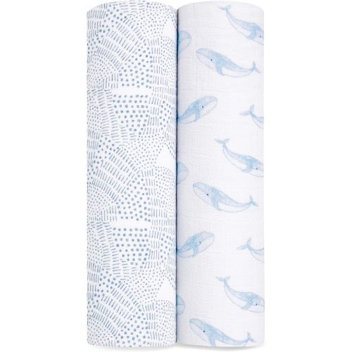 aden + anais Boutique Organic Cotton Muslin Swaddle 2 Pack, Breathable Baby Receiving Blanket, Soft and Lightweight Wrap, Diaper Bag Must Have, Oceanic