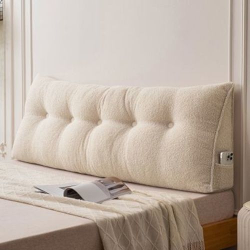 Bekrvio Teddy Velvet Headboard Pillow with Side Pocket, Soft Wedge Backrest Cushion with Removable Cover for Bed & Sofa,78.7”x7.9”x19.7”,Light Beige