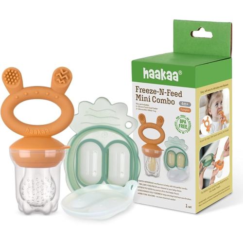 Haakaa Freeze-N-Feed Mini Combo with Silicone Food Feeder & Silicone Mini Nibble Tray|Baby Solid Food Self Feeder|Breastmilk Popsicle Mold Storage & Feeder for Soothing Baby Gums 1 PK