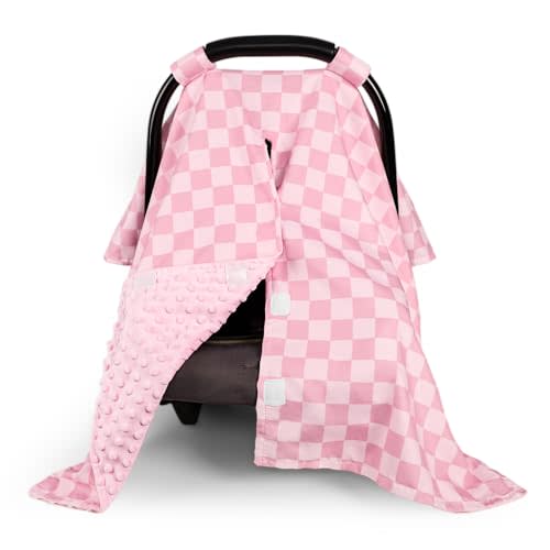 Baby Car Seat Cover, Minky Carseat Cover Baby Girl, Peekaboo Opening Infant Car Seat Cover, Warm Baby Car Seat Canopy for Winter, Pink Checkered