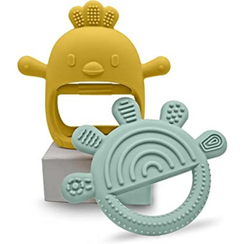 Petite Bee - Silicone Baby Teether Animal Toy Sunshine and Chicken Never Drop Soothing Pacifier & Infant Chew Toy (2 Pack, Yellow & Green)