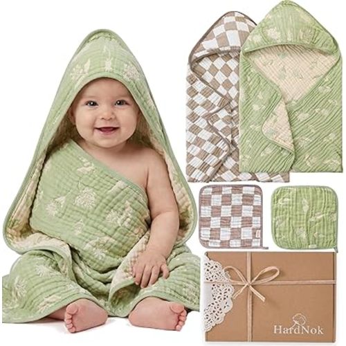 Muslin Baby Towel Set, 4-Piece Newborn Gift with 2 Bath & 2 Washcloths, Baby Shower Ready, Earthy Botanicals Theme 32" X 32"