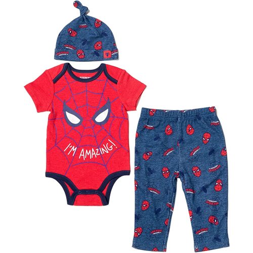 Marvel Avengers Hulk Captain America Spider-Man Baby Bodysuit Pants and Hat 3 Piece Outfit Set Newborn to Infant