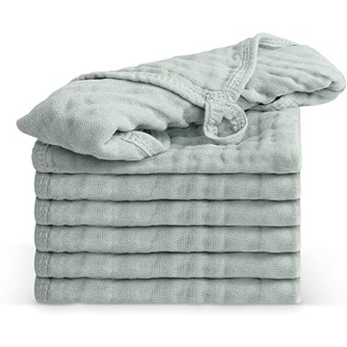 100% Cotton Baby Burp Cloths 10"x10" (8 Pack) Snuggle Comfort Muslin Washcloths - Newborn Baby Must Haves & Registry Gifts - Easy to Clean Cloth for Babies, New Born Boy & Girl (Fern)