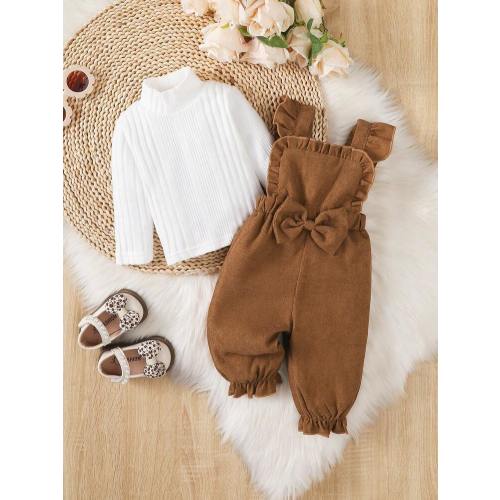 BrownBark 2pcs Baby Girls Solid Color Outfit, Turtleneck Long Sleeve Top + Bow Strap Overalls Set, Suitable For Outdoor, School Seasons, Perfect Outdoor Gift | SHEIN
