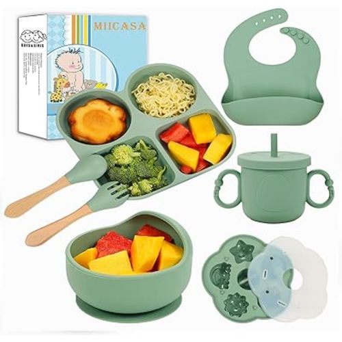 Silicone Baby Feeding Set, Baby Led Weaning Supplies, Baby Food Tableware Silicone Suction Plate, Bowl, Spoons, Fork, Waterproof Bib, Cup & Complementary Food Cake Mold, Baby Eating Utensils