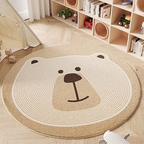 Poowe Round Kids Play Mat Baby Nursery Rug Round Educational Alphabet Soft Area Rug Non Slip for Children Toddlers Bedroom (Round 39.4", Brown Bear)
