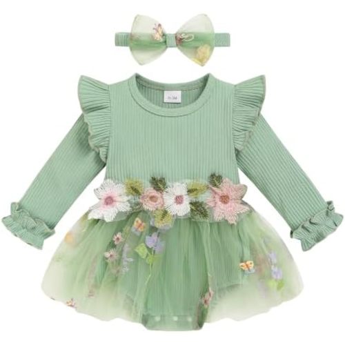 Baby Girl Romper Dress Tulle Skirt Bodysuit with Headband for Infants 0-12M