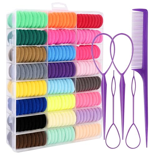 360 Pcs Baby Hair Ties, 24 Colors Cotton Toddler Hair Ties with Organizer Box, 1 Inch Seamless Baby Hair Bands for Toddler Girls, Soft Elastic Ponytail Holders with 5 Hair Loop Styling Tools