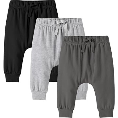 DREAM BUS Baby Boy Pants 3-Pack Soft Cotton Joggers Infant Toddler Harem Sweatpants with Diaper Room 3-24 Months