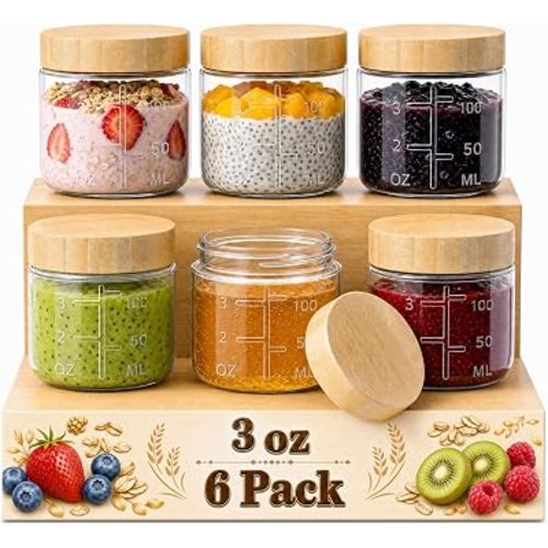 3 oz Small Glass Salad Dressing Containers with Bamboo Lids, 4 Pack