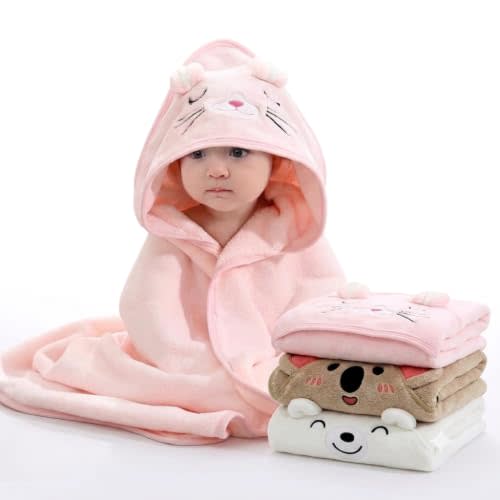 Hooded Baby Towel - 3 Pack Premium Soft Bath Towel for Baby, Newborn,Infant - Ultra Absorbent,Natural Baby Stuff Towel, Soft Coral Velvet Coral Fleece Bath Towel for Boys and Girls