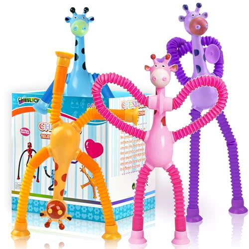 Giraffe Sensory Toys 4Pcs Gift for Toddlers Girls Year Old Ages 3 4 5 6 7 8 9 10, Suction Autism Toy Pop Tube Fidget Toys Autistic Travel Toys Stocking Easter Basket Stuffer Valentine Gift for Kids