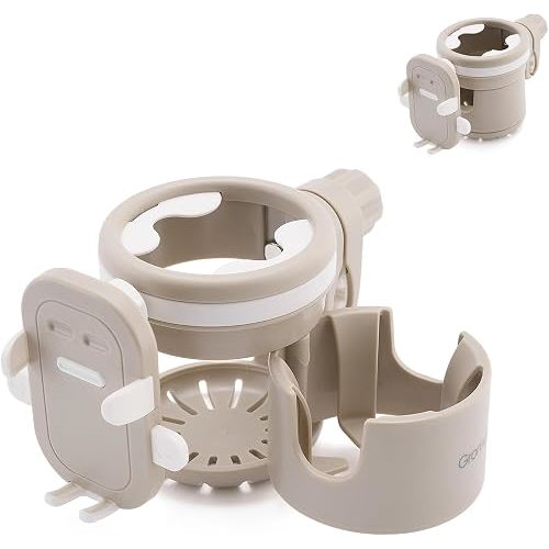 Gromast Universal Stroller Cup Holder with Phone Holder, 3-in-1 - Khaki