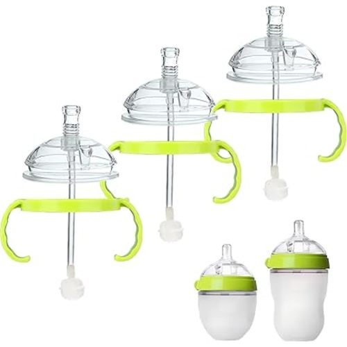 Sippy Cup Conversion Kit for Comotomo Baby Bottles, Soft Straw Top and Weighted Transition Cup Kit with Handles, Set of 3