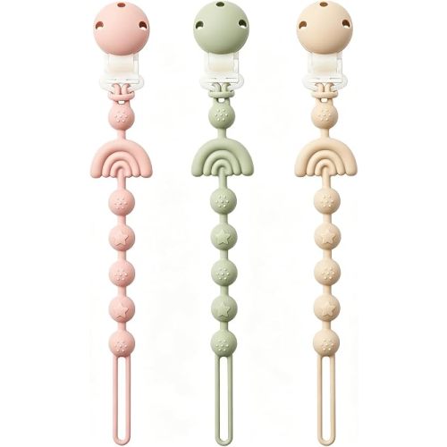 Baby Pacifier Clips One Piece Binky Clip Holder Silicone Teether Clip Pacifier Straps with Clip Baby Teether Toys for Boys and Girls Set of 3 Andy Bear-Ivory+Sage+Blush