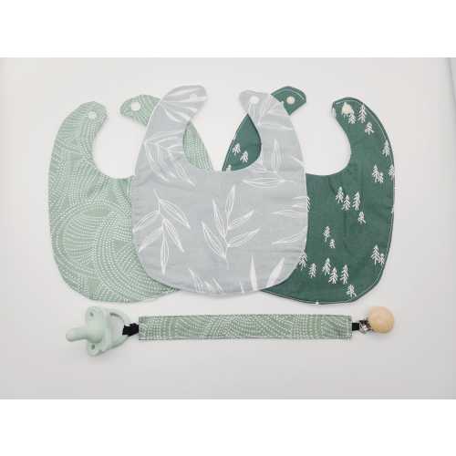 Neutral Baby Bib Set & Pacifier Clip Gift Set • 3-Pack Absorbent Cotton Bibs + Matching Pacifier Holder • Gender Neutral Baby Shower Gift