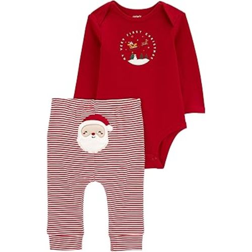 Carter's Winter Holiday 2-Piece Christmas My First Visit from Santa Bodysuit and Striped Pants with Embroidered Reindeer Set