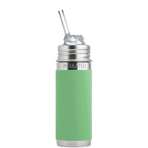 Pura Kiki 9oz/260 ml Stainless Steel Insulated Bottle w/Silicone Straw & Sleeve, 100% Plastic-Free, MadeSafe Certified, 100% Medical-Grade Silicone Straw for Kids, Toddlers, Babies & Infant - New Moss