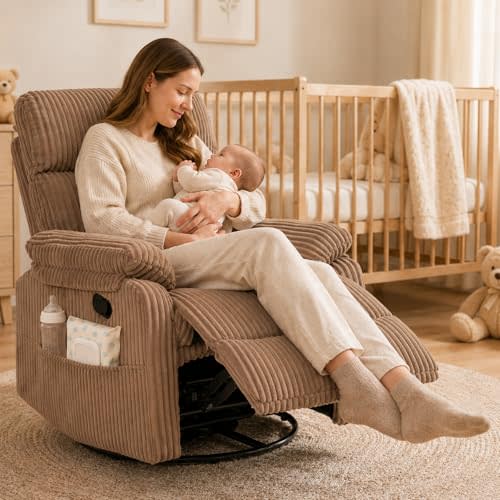 Super Soft Brown Rocking Chair Nursery Recliners, Small Recliner Rocking Chair for Small Spaces, Manual Swivel Glider Recliner for Living Room Bedroom Office, Corduroy, Adjustable Backrest (Brown)