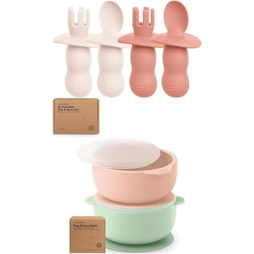 Keababies 4-Pack Silicone Baby Spoons and Forks Set and 2-Pack Baby Bowls with Suctions, Lids - Baby Spoon Self Feeding, BLW Baby Utensils - Silicone Suction Bowls for Baby Boy, Girl