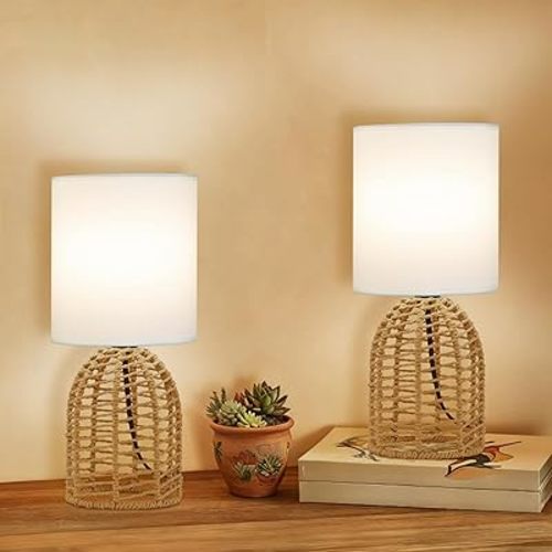Rattan Table Lamp Set of 2, Small Boho Lamps for Nightstand, 13" Mini Wicker Bedside Lamps for Bedroom Living Room Kids Room Farmouse (Bulbs not Included)
