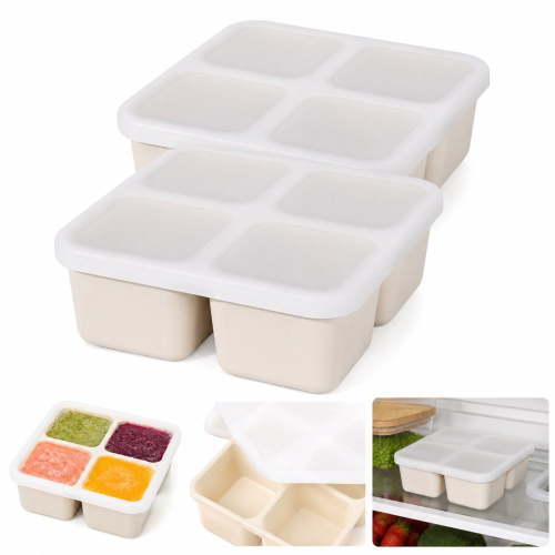 2 Pcs Silicone Freezer Tray Set With Lids, 4 Compartment Food Storage Molds for Baby Food, Smoothies, Soup Stock, Sauces and Ice Cubes