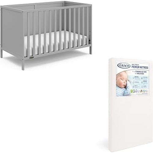 Graco Theo Crib and Mattress Nursery Essentials Pack (Pebble Gray) – GREENGUARD Gold Certified Baby Crib & Crib Mattress, Cribs with Mattress Included, Convertible Crib, Baby Mattresses for Crib