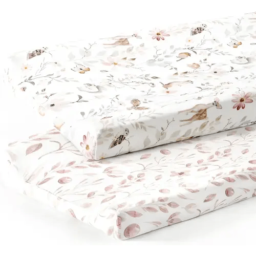 GRSSDER Stretch Ultra Soft Jersey Knit Changing Pad Cover Set 2 Pack, Change Table Pad Covers Fit 32"/34" x 16" Pads Safe and Snug, Beautiful Blush Pink Floral and Cute Animals Print for Girls
