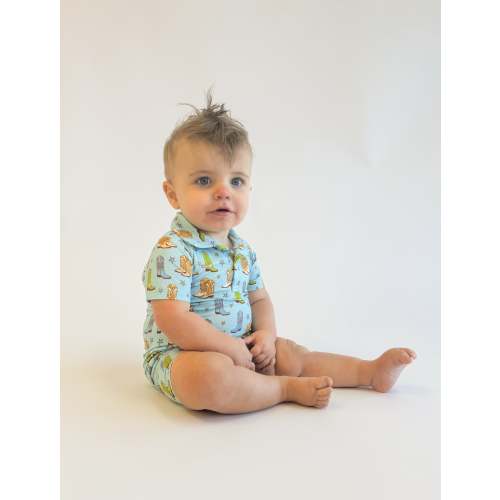 SS Polo Romper - Boots & Stars (Blue) – Goosies