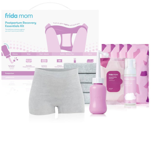 Frida Mom 11pc Postpartum Essentials Kit Gift Set, Hospital Bag Must Haves for New Mom, Includes 4 Disposable Postpartum Underwear, 4 Ice Maxi Pads, Perineal Healing Foam & 24 Pad Liners & Peri Bottle