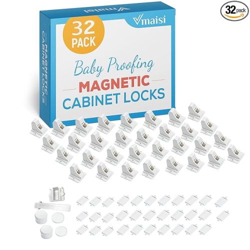 Vmaisi Adhesive Magnetic Locks for Cabinets & Drawers (32 Locks and 4 Keys)