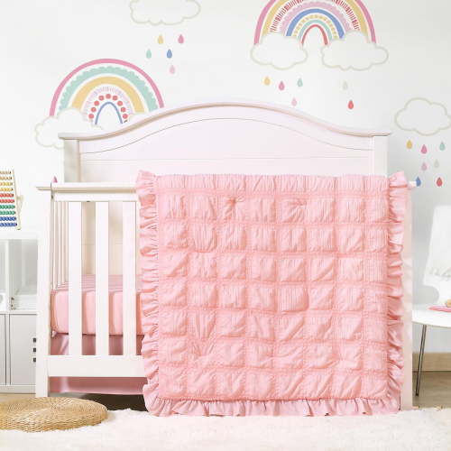 3-Piece Seersucker Crib Bedding Set | Ruffle Trim Comforter, Fitted Sheet & Skirt (Pink)