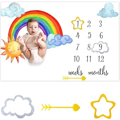 CSFOTO Rainbow Sun Baby Monthly Milestone Blanket Cartoon Cloud Sky Decor Photography Background Newborn Growth Record Prop Blanket 60 "x40 with Frames