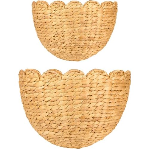 LUSYDECO Set of 2 Scalloped Wicker Wall Storage Basket, Handwoven Boho Wall Decor Basket, Wall Hanging Baskets for Home, Bathroom, Kitchen, Living Room (15 x 11 x 7 & 12 x 10 x 6 Inch)