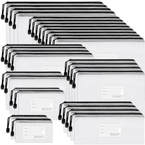 EOOUT 30pcs Mesh Zipper Pouch, Organizer Bags, Waterproof, Plastic Zip File Docunment Folders, Clear Board Games Storage for Office Supplies Cosmetics