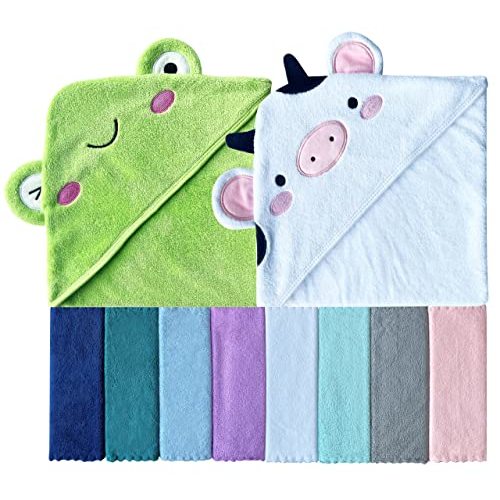Sunny zzzZZ Baby Hooded Bath Towel and Washcloth Sets, Baby Essentials for Newborn Boy Girl, Baby Shower Towel Gifts for Infant and Toddler - 2 Towel and 8 Washcloths - Frog and Cow
