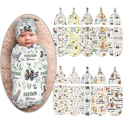 Personalized Mallard Swaddle Blanket Boy Girl Newborn Essentials,Custom Baby Mallard Swaddle Blanket and Hat Set with Name,Customized Gifts