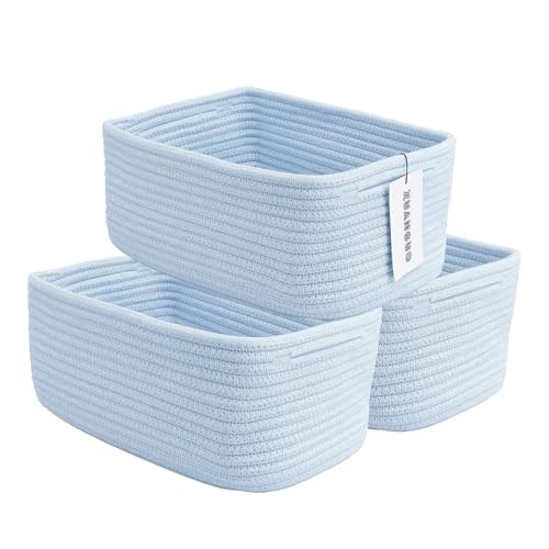 XUANGUO Small Woven Storage Baskets 12“X8”X5“ Decorative Rope Bins for Organizing Shelves, Closets, and Toys, Empty Gift Baskets, Cute Organizer Basket for Home and Office (blue, regular)