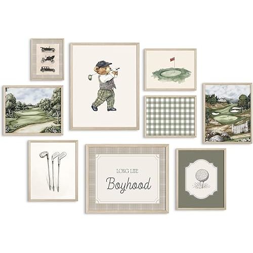 Vintage Sports Nursery Wall Art Decor Teddy Bear Golf Prints Baby Toddler Boy Room Canvas Wall Decor Bear Nursery Pictures Sport Animal Pictures Vintage Golf Artwork for Bedroom 8x10x9 Inch Framed