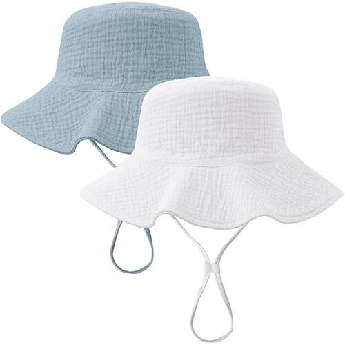 Konssy 2 Pack Muslin Baby Sun Hat UPF 50+ Sun Protection Baby Bucket Hat Summer Beach Hats with Wide Brim for Boys & Girls