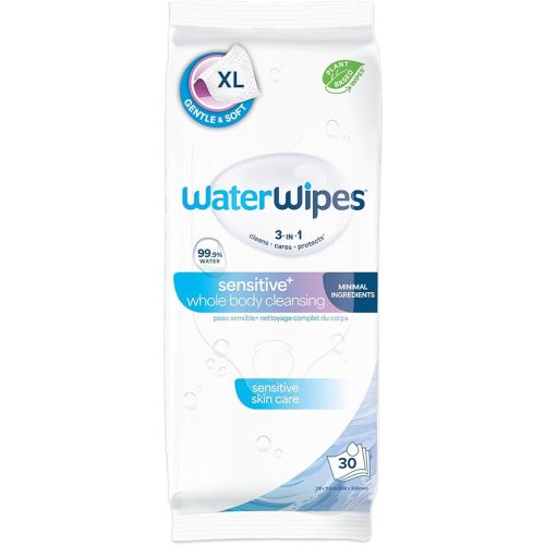 WaterWipes Sensitive Whole Body Cleansing Wipes, 99.9% Purified Water, XL Textured Wipes, Incontinence Care, Fragrance Free, 30 Count