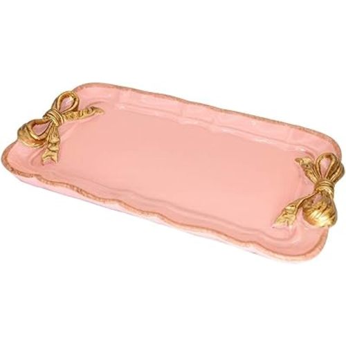 Vintage Decorative Tray Jewelry Tray Towel Tray Storage Tray Rings Necklace Bracelets Earrings Trays Cosmetics Jewelry Organizer Retro Design Bow Decor Resin Plate Coquette Room Decor (Pink)