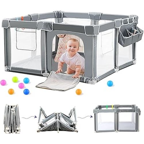Foldable Baby Playpen 59"×71" with Mat, Out-of-The-Box Ready Playpen for Babies and Toddlers, Portable Play Yard with Breathable Mesh & Gates, Storage Bag & 4 Handlers for Indoor & Outdoor